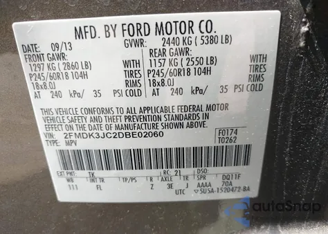 2013 Ford Edge Sel from USA, damaged, VIN 2FMDK3JC2DBE02060